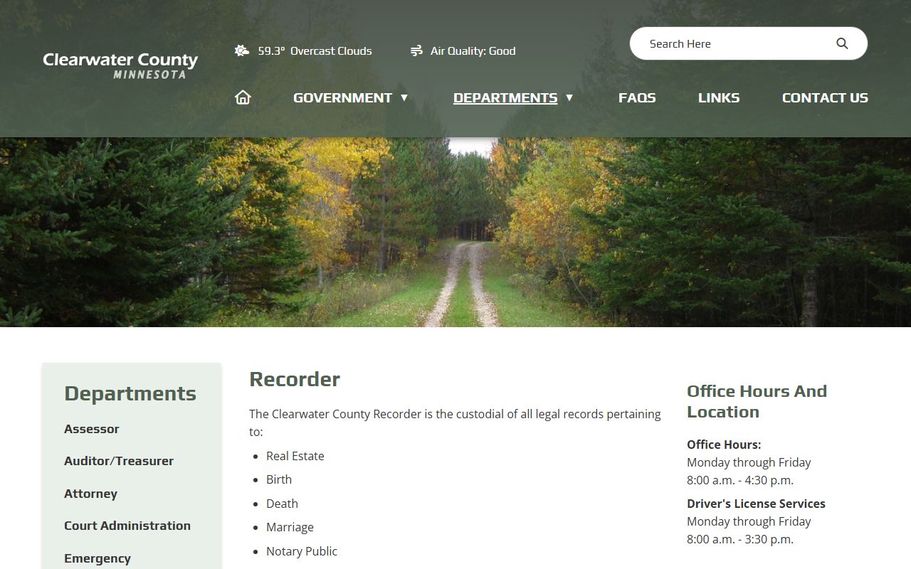 Clearwater County Recorder distinction from Court Administrator records