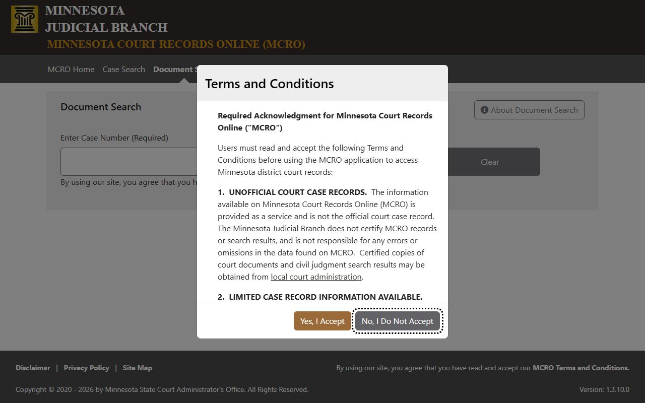 Clearwater County court dockets MCRO Document Search interface