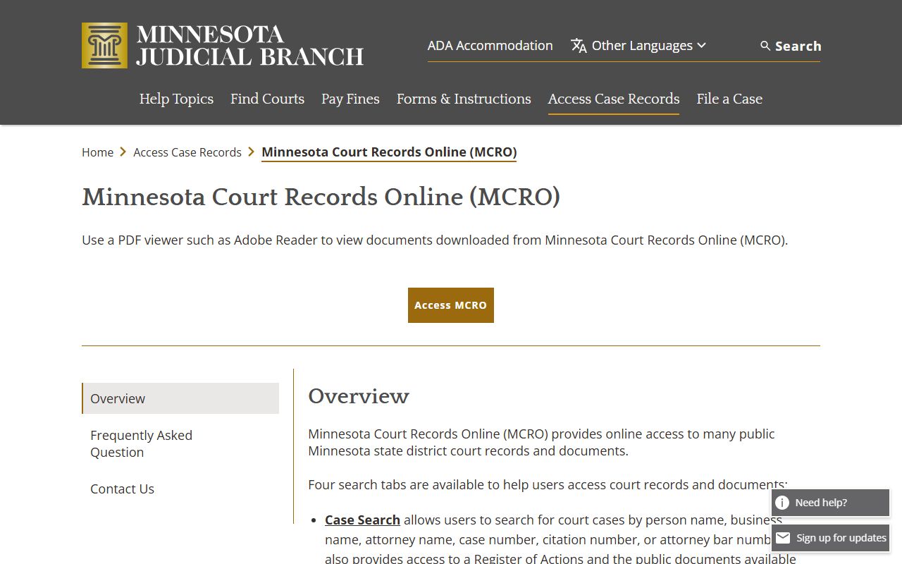 Clearwater County court dockets MCRO overview page