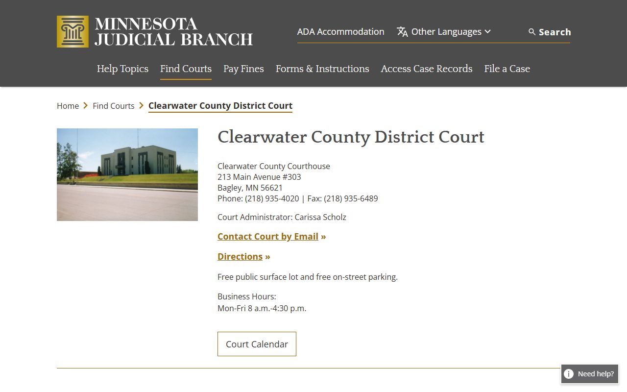 Clearwater County court dockets District Court calendar source