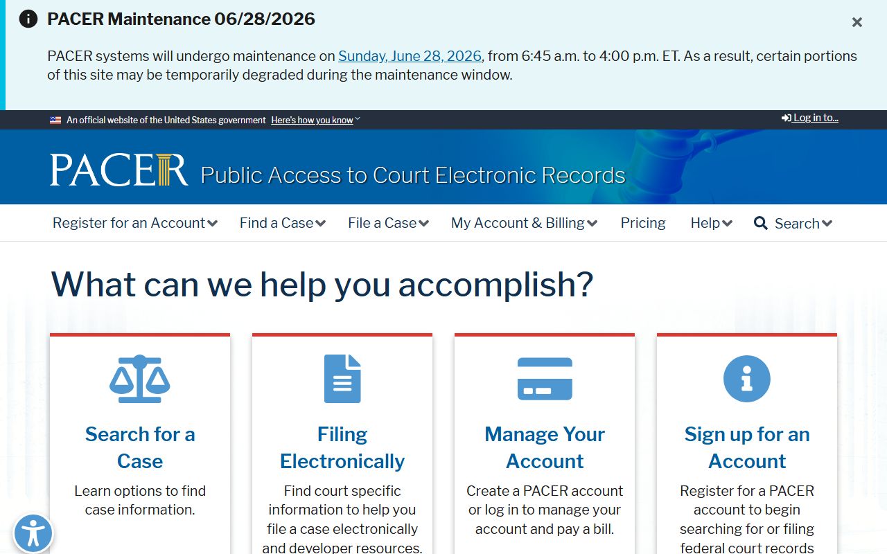 Clearwater County court records federal PACER registration page