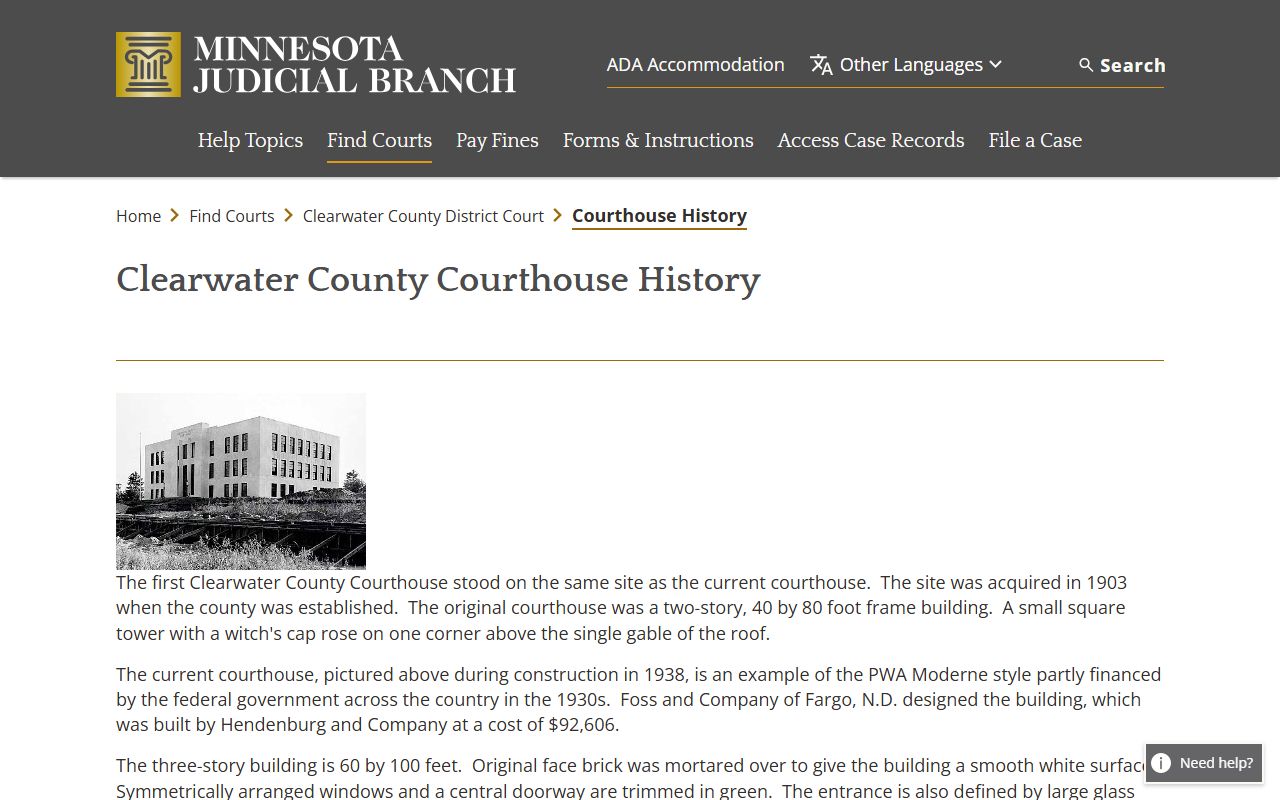 Clearwater County District Court records courthouse history source
