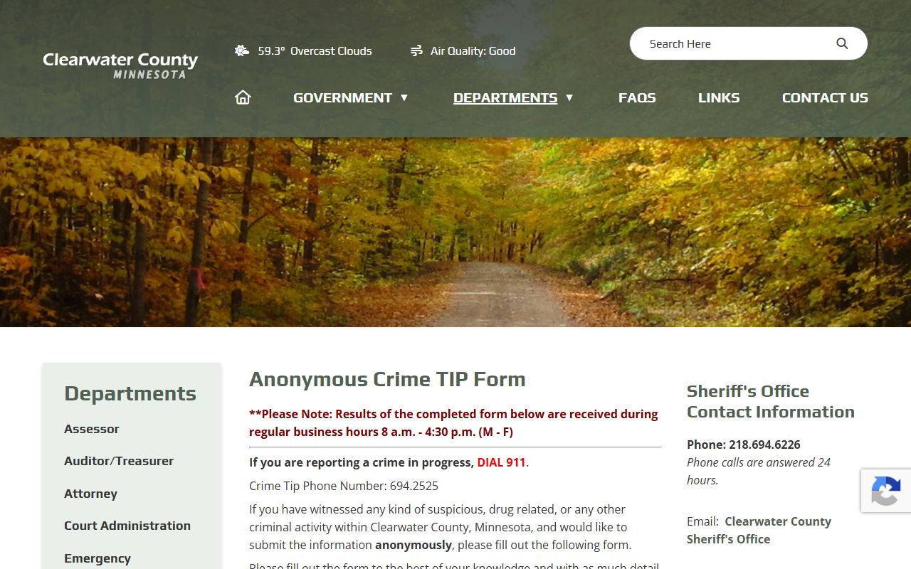 Clearwater County warrant records anonymous crime tip form