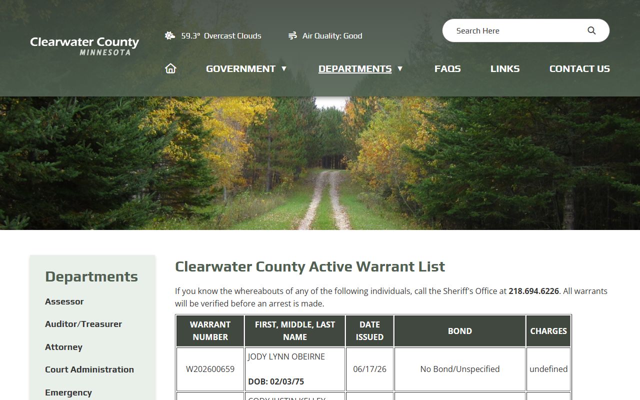 Clearwater County warrant records active warrant list
